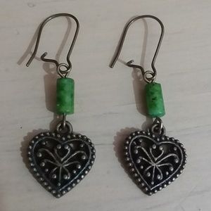 GREEN JASPER cylinder gem dangle earrings hearts ♥